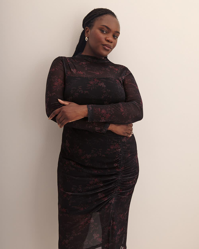 Black Fitted Mesh Midi Dress with Side Shirring - Addition Elle