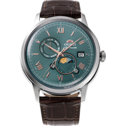 Orient Bambino Sun &amp; Moon Green Dial Leather Strap Men's Watch RA-AK0805E30B