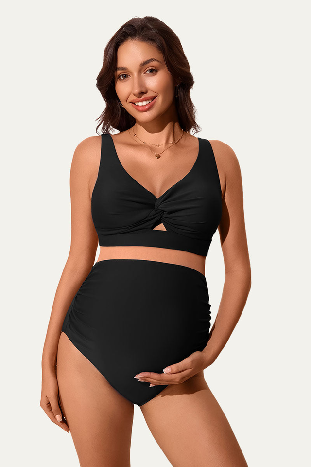 High-Waisted Ruched Maternity Two-Piece Bikini With Twist Cutout