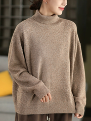 Women Vintage Autumn Pure Color Half-Turtleneck Knitted Sweater