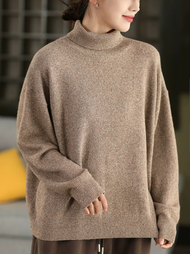 Women Vintage Autumn Pure Color Half-Turtleneck Knitted Sweater