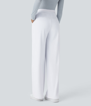 High Waisted Plicated Side Pocket Straight Leg Work Pants
