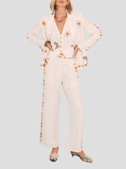 Vera Embroidered Linen Blazer in Ivory