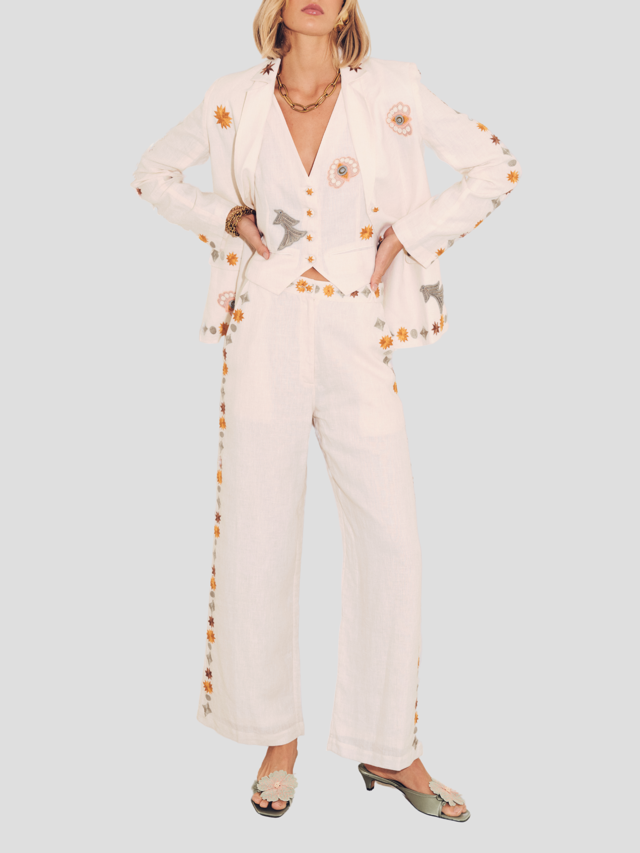 Vera Embroidered Linen Blazer in Ivory