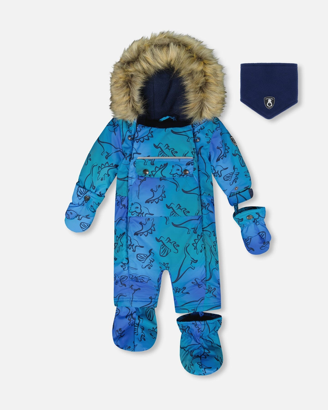 One-Piece Baby Play Snowsuit Designed For Car Seat Blue Gradient Dinosaur Print