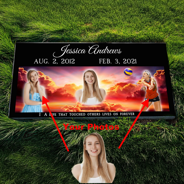 Full Color Heaven Collage Black Granite Single Headstone 24x12 Grass Level