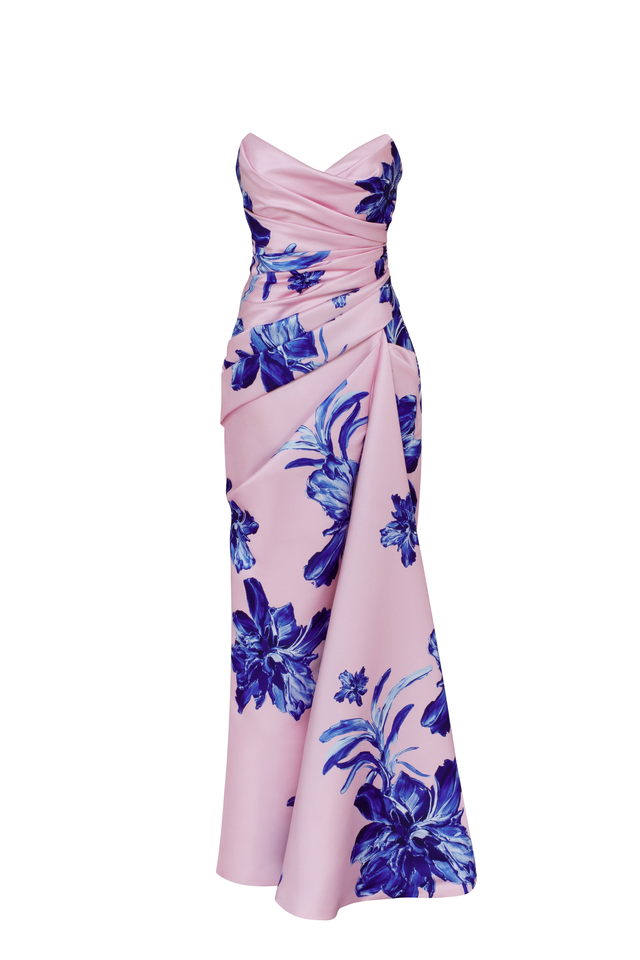 Strapless pink maxi dress with blue-flowered pattern, Glow-Up