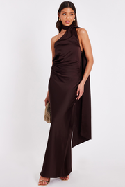 Brown Satin Wrap Neck Maxi Dress