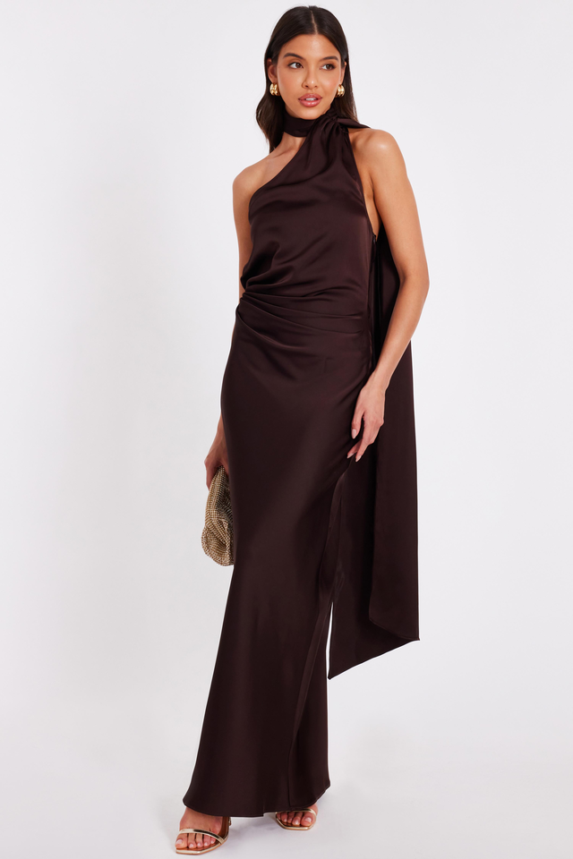 Brown Satin Wrap Neck Maxi Dress