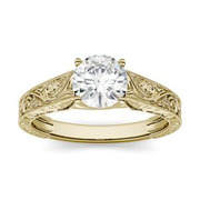 1.00 CTW DEW Round Forever One Moissanite Solitaire with Carved Band Engagement Ring in 14K Yellow Gold