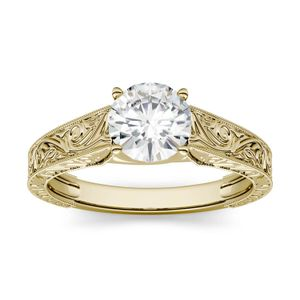 1.00 CTW DEW Round Forever One Moissanite Solitaire with Carved Band Engagement Ring in 14K Yellow Gold