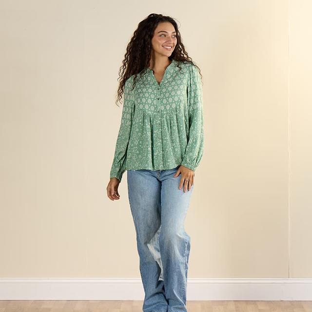 Green Mix Print Peasant Top