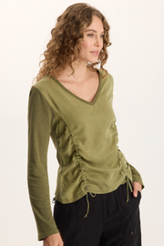 Ketti Long Sleeve Twill/Jersey Ruched V-Neck