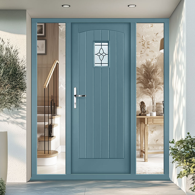 Cottage Exterior Oak Front Door and Frame Set - Bevel Tri Glazing - Two Unglazed Side Screens