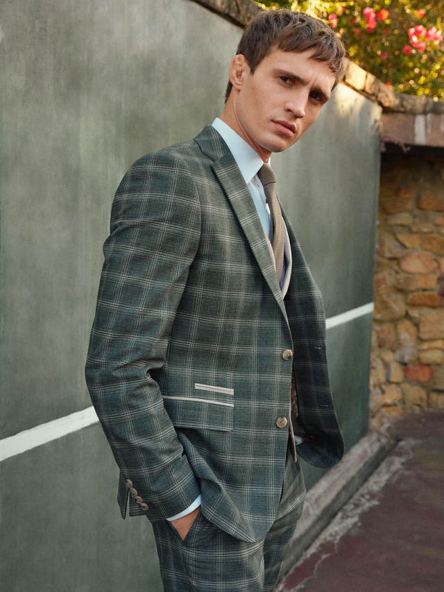Green Slim Fit Trimmed Check Suit Jacket