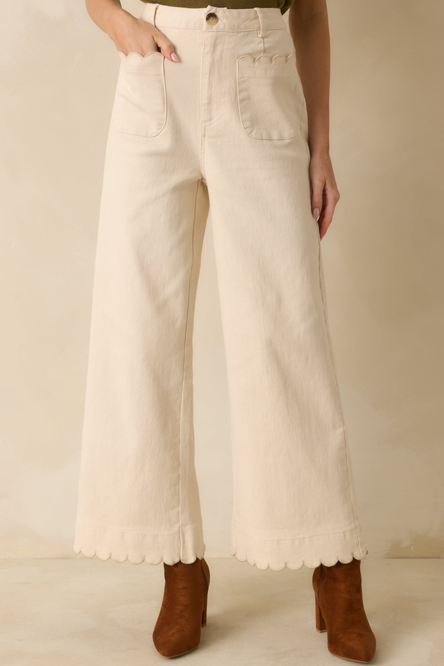 Set For The Day Ivory Cotton Scalloped Wide Leg Pants