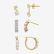 Womens 3 Pair Cubic Zirconia 14K Gold Earring Set