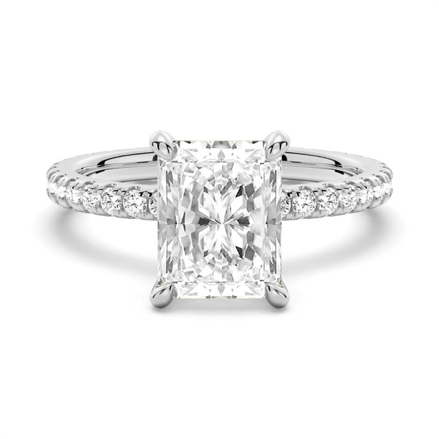 Radiant Cut Moissanite Engagement Ring With Eternity Pave Shank