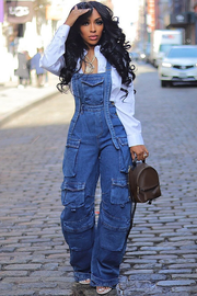 Denim Pockets Wide Leg Cargo Overalls-Blue