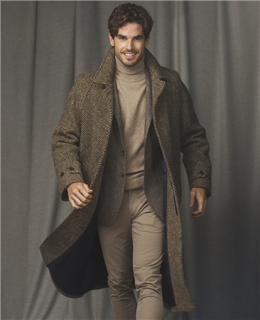 Corrib Donegal Tweed Overcoat in Navy & Camel Herringbone - 46R