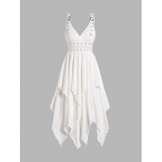 Plain Color Layered Dress Grommet Plunging Neck Empire Waist Adjustable Strap Asymmetrical Midi Dress