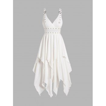 Plain Color Layered Dress Grommet Plunging Neck Empire Waist Adjustable Strap Asymmetrical Midi Dress