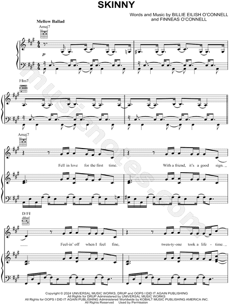 Billie Eilish "SKINNY" Sheet Music in A Major (transposable) - Download & Print
