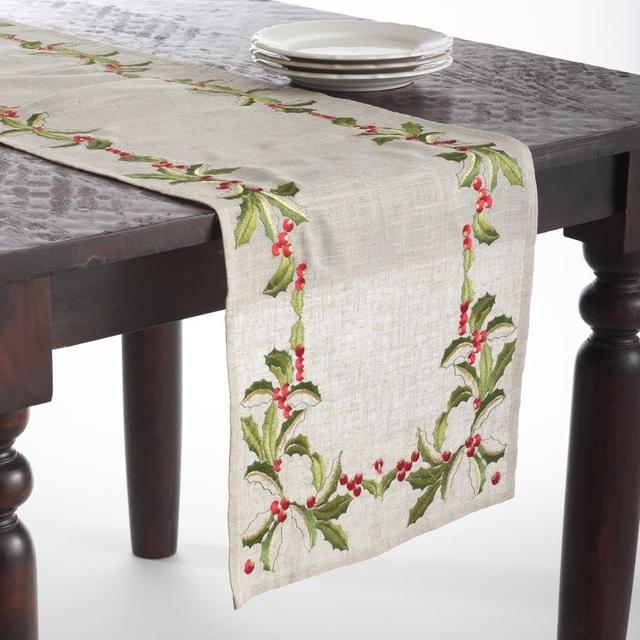 Embroidered Holly Design Holiday Linen Blend Table Runners