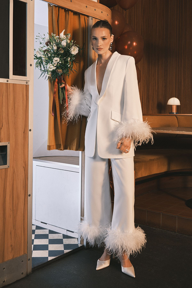 Feather Trim Single Breasted Tux Style Wedding Blazer