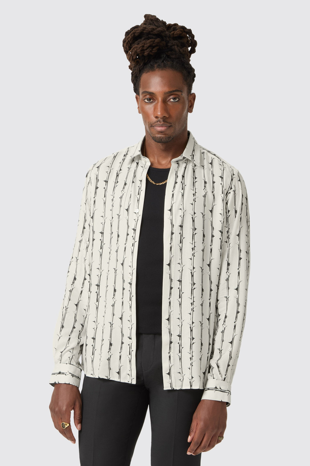 Dikenler Slim Fit White Thorn Motif Shirt