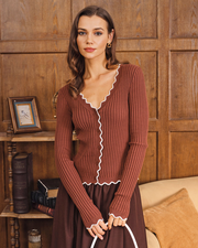 Coffee Contrasting Button Knit Cardigan