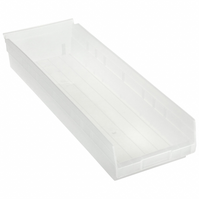 AKRO-MILS Shelf Bin: 23 5/8 in Overall Lg, 8 3/8 in x 4 in, Clear, Nestable, Label Holders