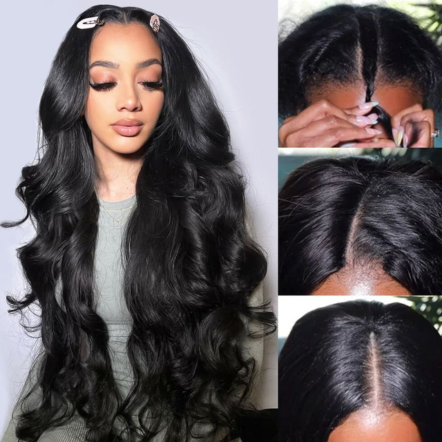 Megalook V Part Glueless Body Wave Wigs Invisi Drawstring Natural Black Seamless Wear