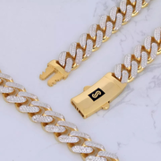 10K Yellow Gold Miami Cuban 15mm Monaco Diamond Cut Pave Chain Necklace 20"- 30"