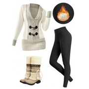 Contrast Color Mock Horn Button Plunge Neck Sweater And Fleece-lined Leggings Faux Fur Warmth Mid-calf Boots Outfit