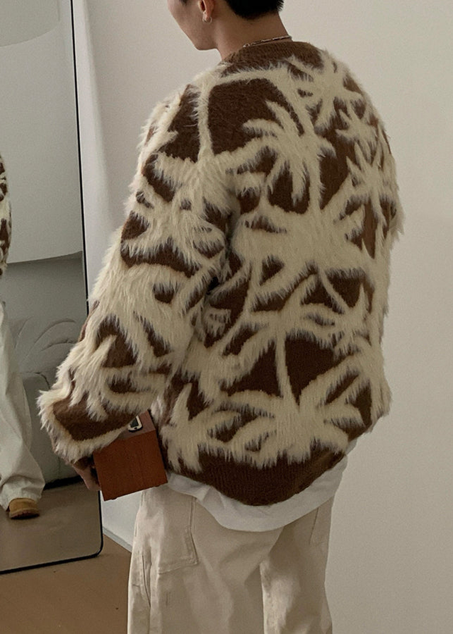 Jacquard Coffee Fluffy Cozy Men Sweaters O Neck Winter