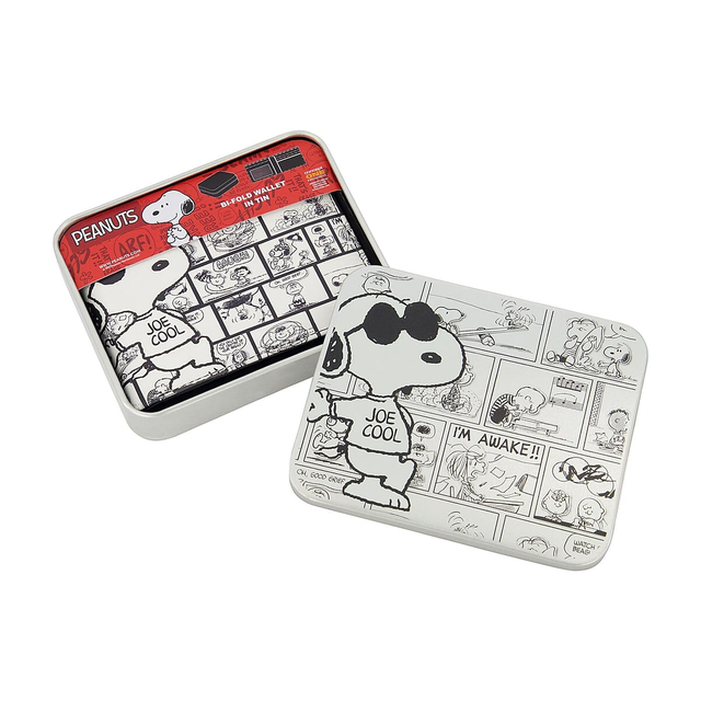 Snoopy Joe Cool White and Gray Faux Leather Bifold Wallet in Tin