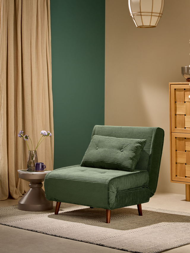 Haru Single 1 Seater Sofa Bed in Olive Green Corduroy