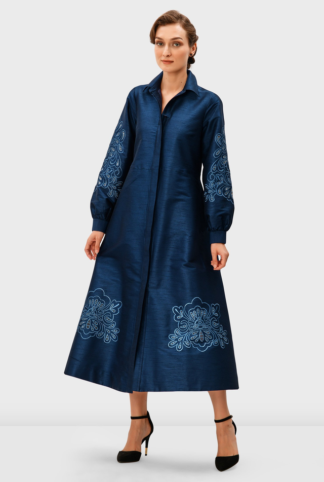Cutwork embroidery sash-tie dupioni A-line shirtdress