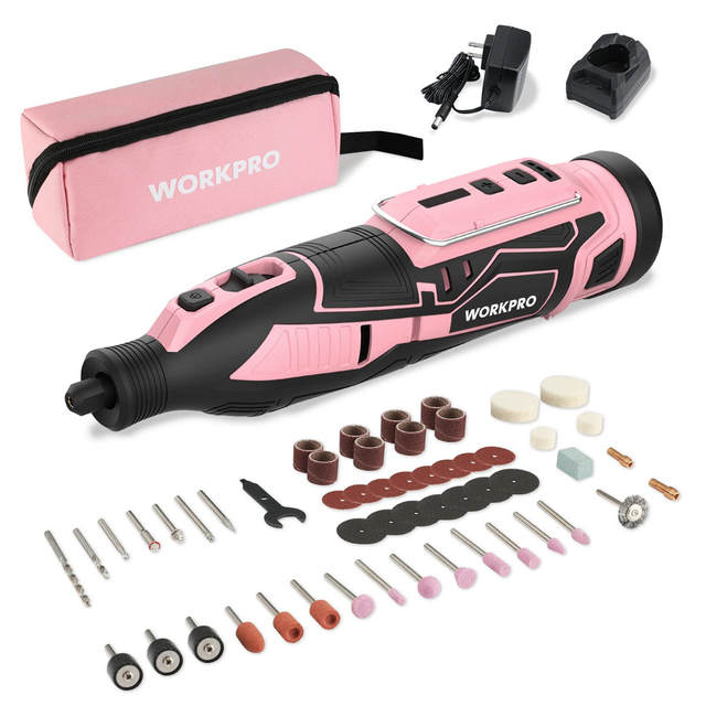 WORKPRO Pink 12V Cordless Rotary Tool Kit, 5 Variable Speeds, 114 Easy Change Accessories - Pink Ribbon