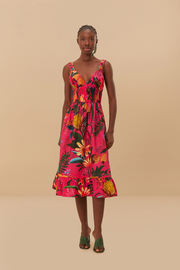 Pink Leopard Flowers Organic Cotton Midi Dress