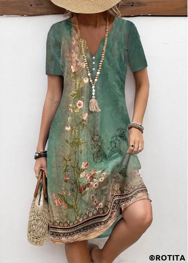 ROTITA Button Floral Print Green A Line Split Neck Dress