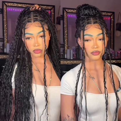 Flash Sale Klaiyi 34inch Knotless Full Lace Box Braid Wig Boho Goddess Braided Wig with Baby Hair Curly Ends Wig