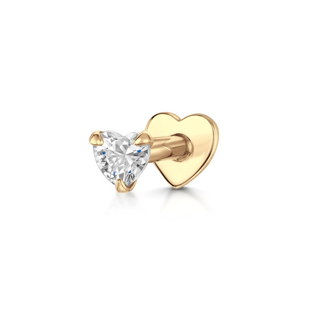 9k solid yellow gold crystal heart flat back labret stud earring