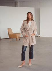 Belted Hooded Cardigan Sweater in Oatmeal Heather
