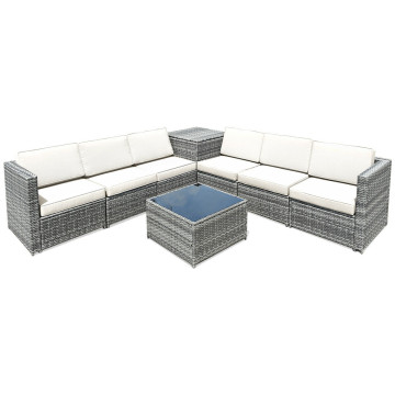 8 Pieces Wicker Sofa Rattan Dining Set Patio Furniture with Storage Table