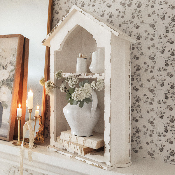 Distressed White Farmhouse House Wall Shelf with Two Tier Display