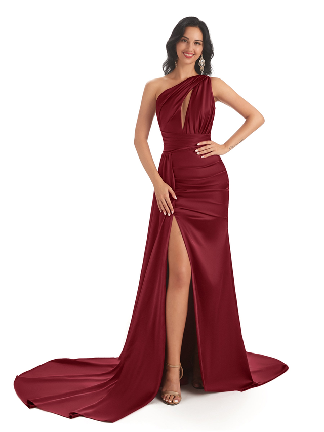 Sexy Soft Satin Side Slit One Shoulder Mermaid Long Wedding Bridesmaid Dresses