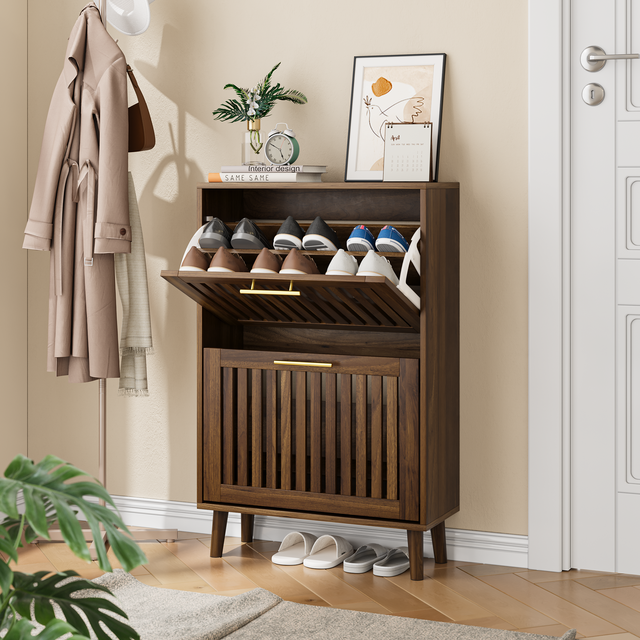 Medieval Modern Walnut Shoe Rack Entryway Cabinet