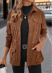 Dark Coffee Drawstring Long Sleeve Shirt Collar Coat